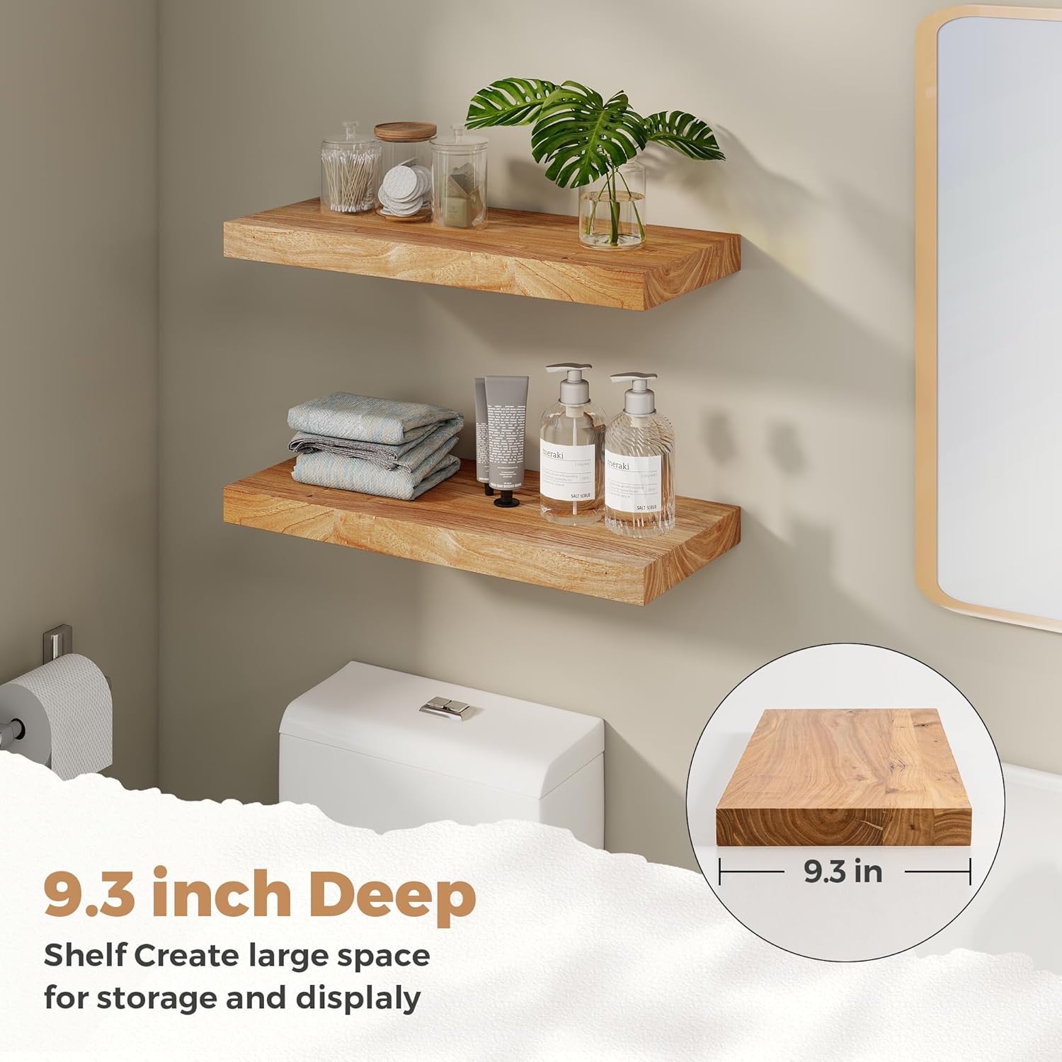 RICHFOCUS Elm Floating Shelves for Wall - 24" W x 9.3" D Rustic Solid Wood Shelves with Invisible
