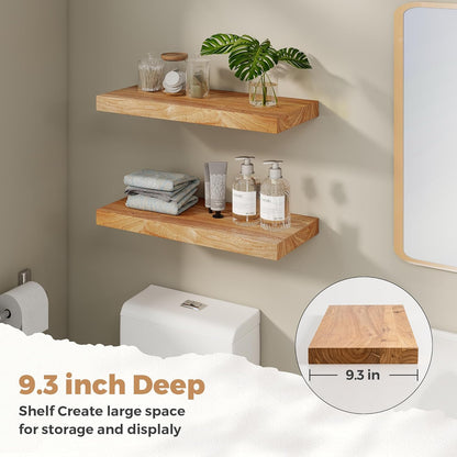 RICHFOCUS Elm Floating Shelves for Wall - 24" W x 9.3" D Rustic Solid Wood Shelves with Invisible
