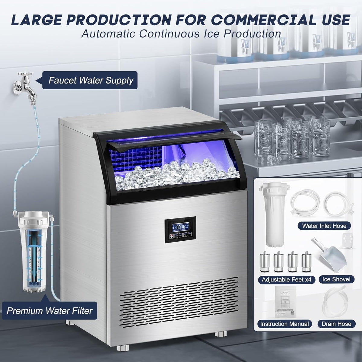 Commercial Ice Maker Machine 360LBS/24H with 80LBS Storage Bin, 126PCS Ice Cubes Ice Machine
