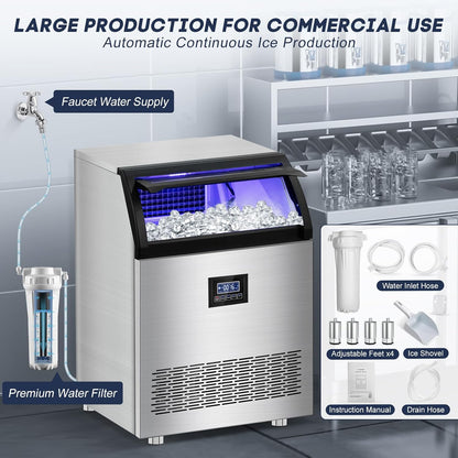 Commercial Ice Maker Machine 360LBS/24H with 80LBS Storage Bin, 126PCS Ice Cubes Ice Machine