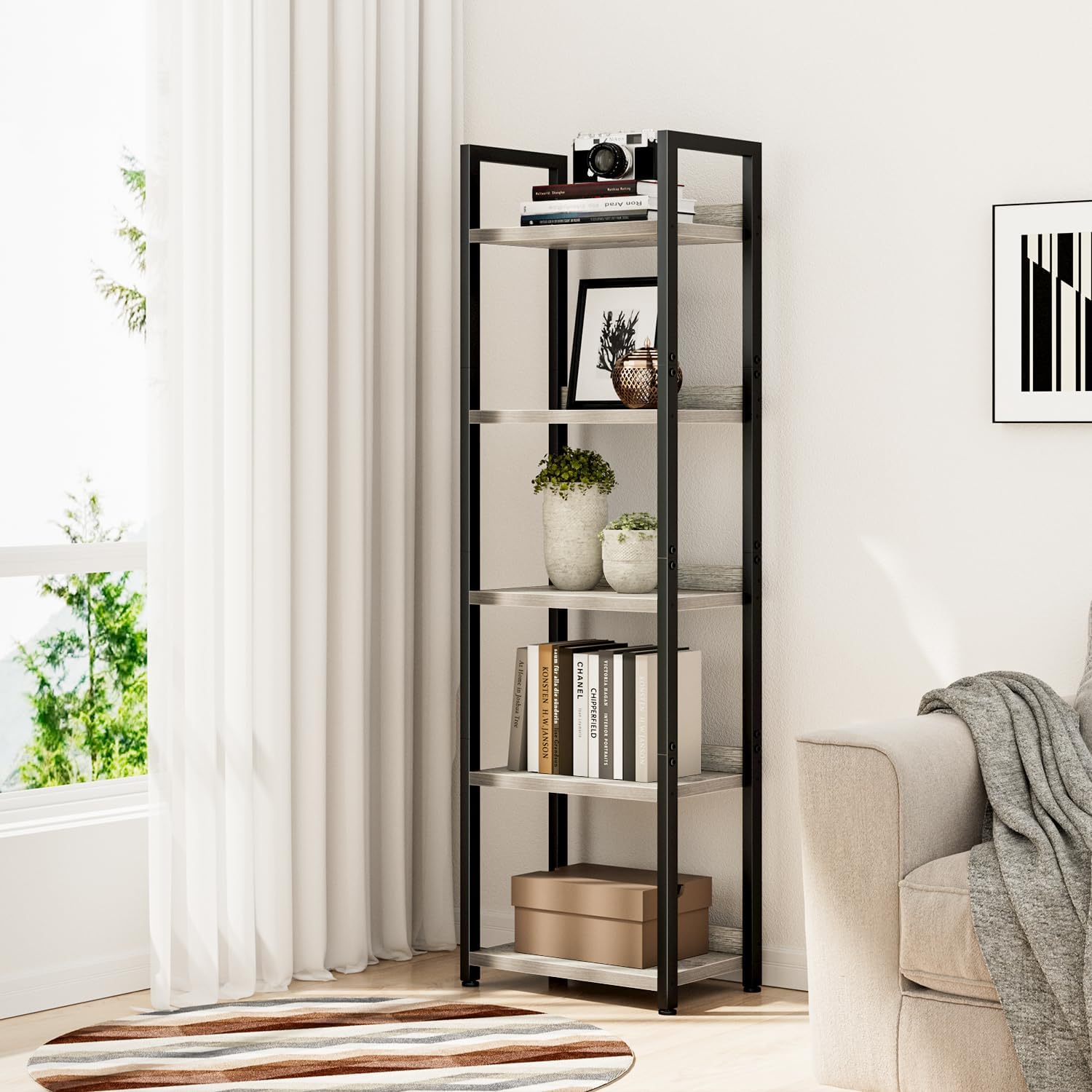 NUMENN Narrow Bookshelf, 5 Tier Bookshelves, Home Office Bookcase Shelf Storage Organizer, Free