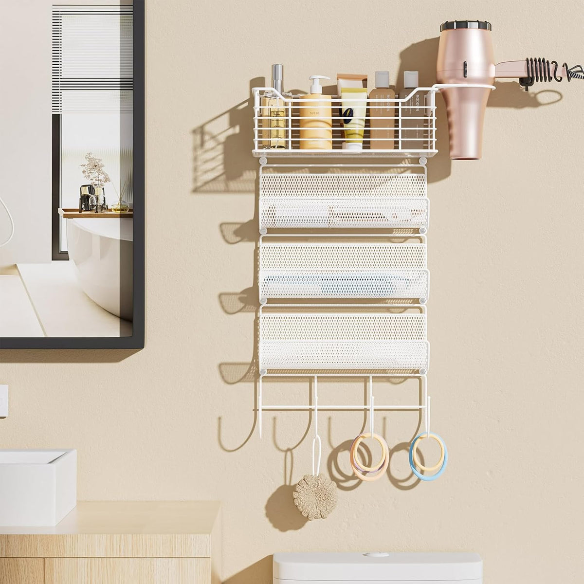 VITVITI Metal Hair Tool Organizer Wall Mount, Hair Dryer Holder with 4 Tier Shelf Basket Hooks