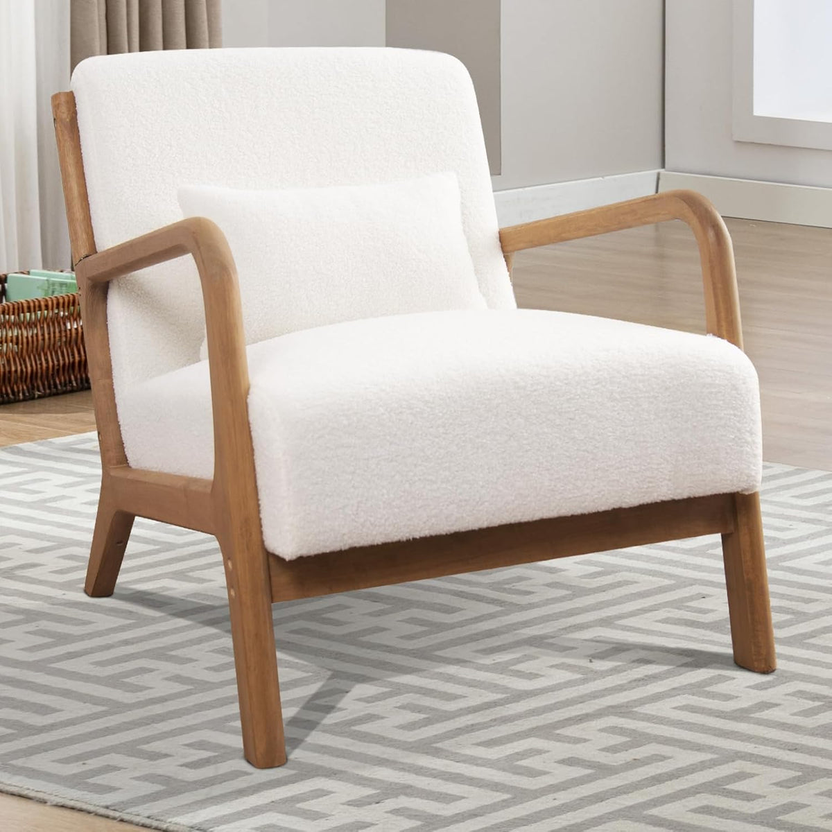 INZOY Mid Century Modern Accent Chair with Lamb Wool Fabric, Upholstered Living Room Chairs with