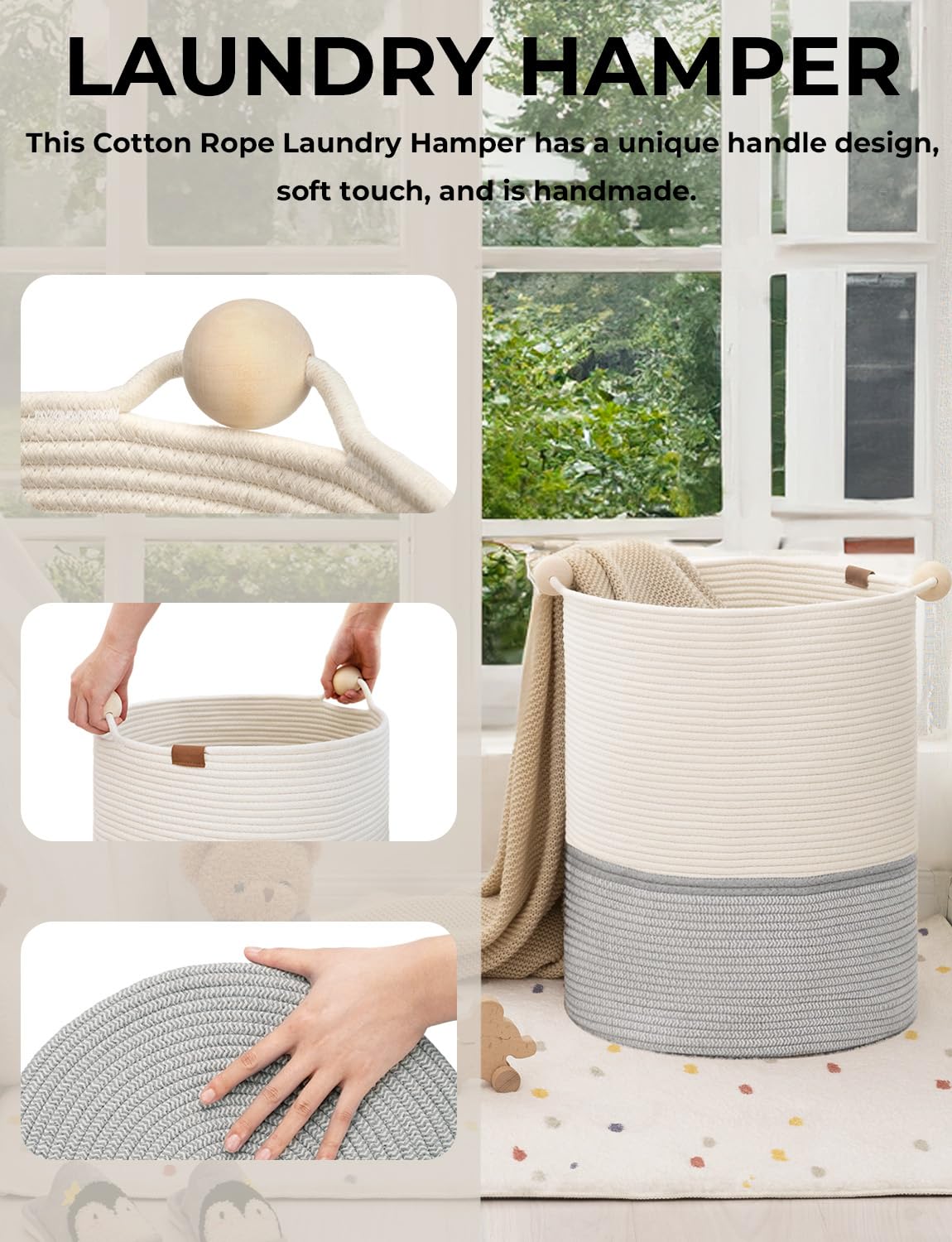 StorageWorks 58L Cotton Rope Laundry Basket with Wooden Beads Handles, Woven Basket for Storage