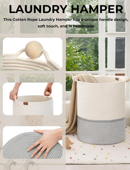 StorageWorks 58L Cotton Rope Laundry Basket with Wooden Beads Handles, Woven Basket for Storage