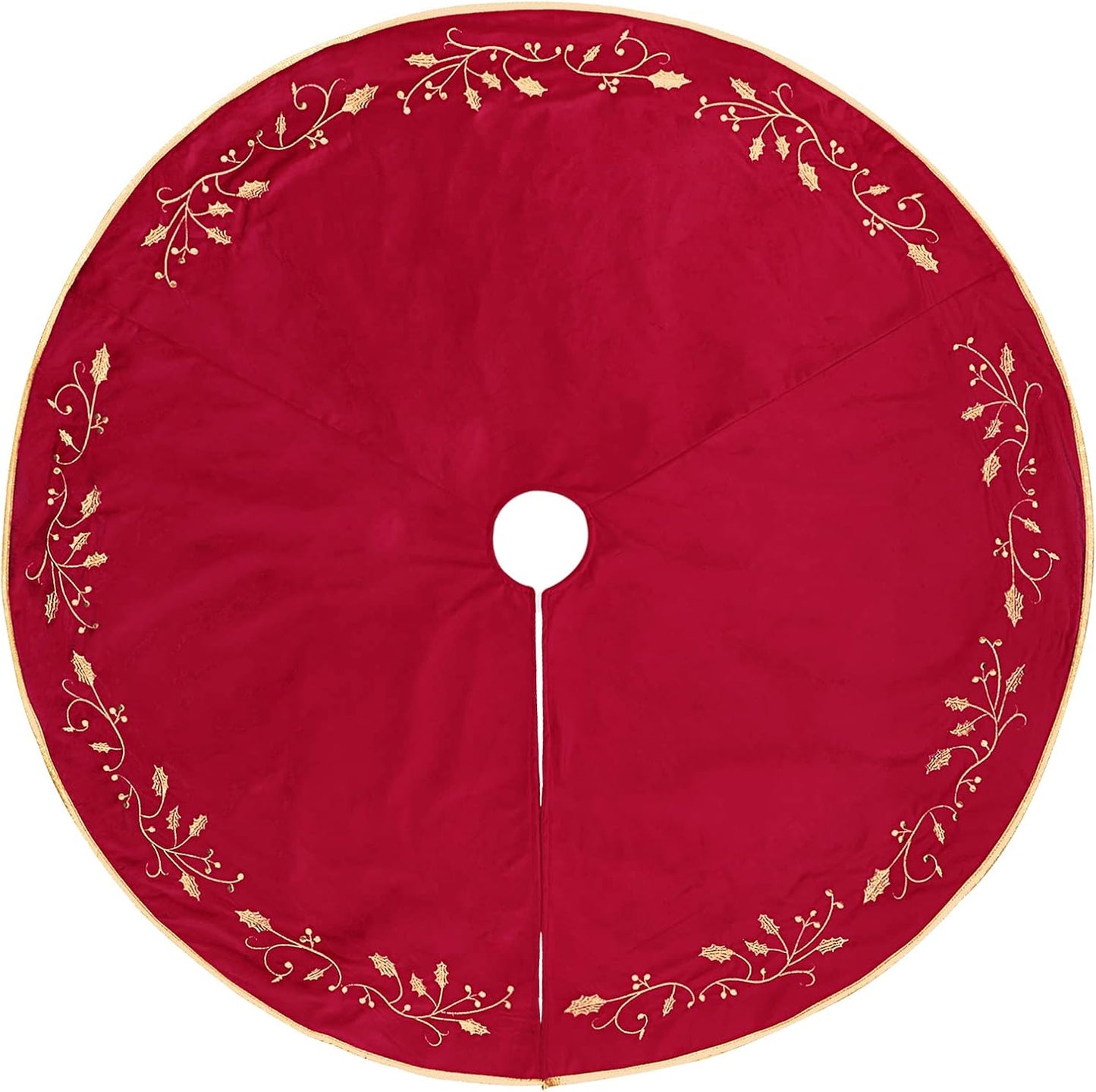 Christmas Tree Skirt, 48 inches Red Luxury Velvet Plush Fur Skirts with Gold Embroidered Holly Leaf