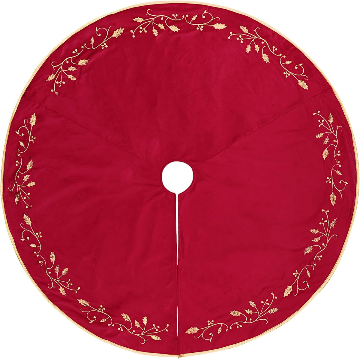Christmas Tree Skirt, 48 inches Red Luxury Velvet Plush Fur Skirts with Gold Embroidered Holly Leaf