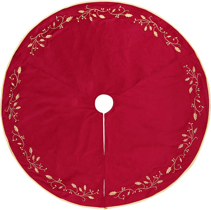 Christmas Tree Skirt, 48 inches Red Luxury Velvet Plush Fur Skirts with Gold Embroidered Holly Leaf
