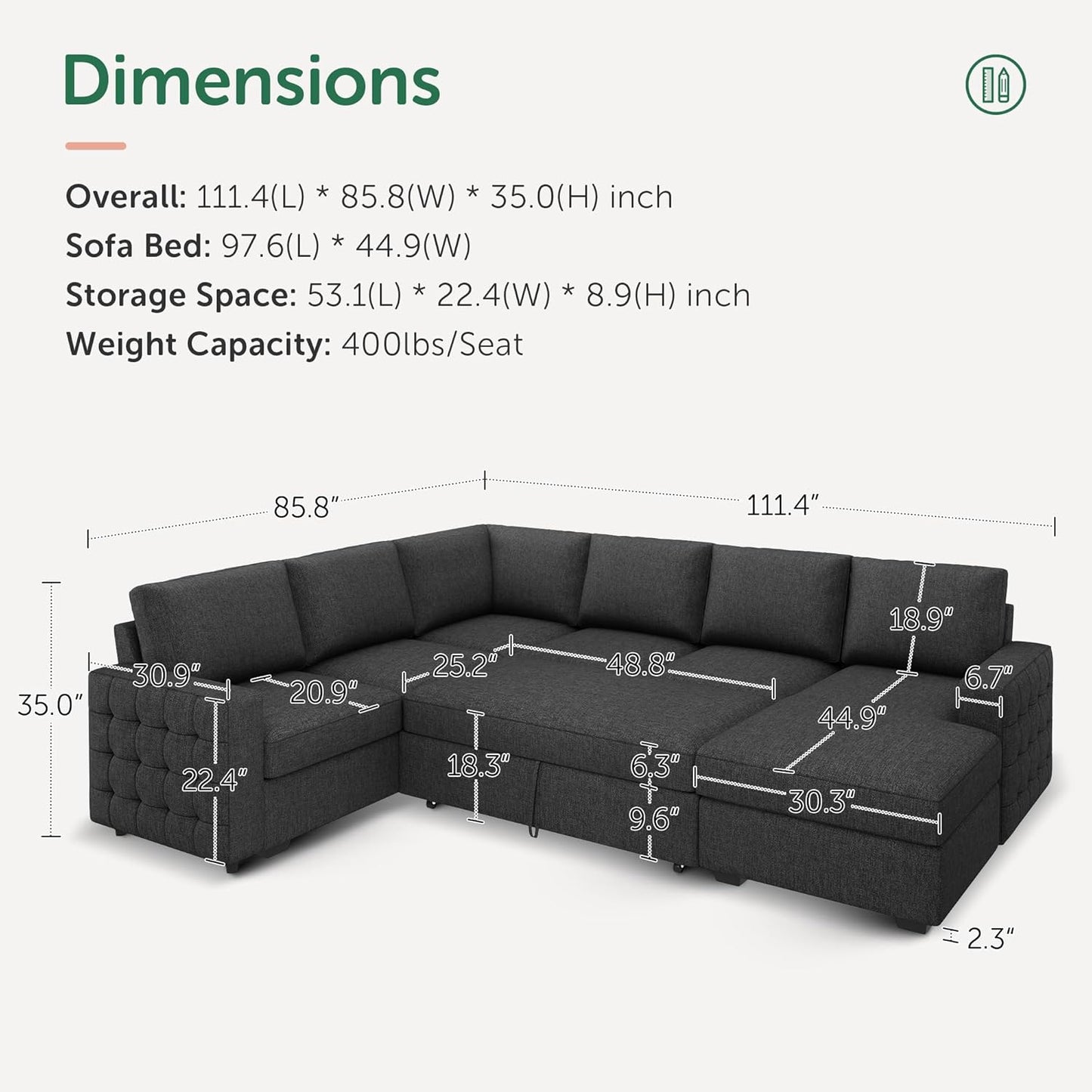 HONBAY Sectional Couch with Pull Out Bed, Sectional Sleeper Sofa with Storage, U Shape Couches for