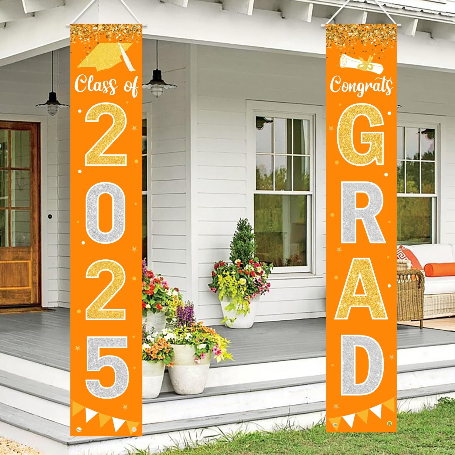 Graduation Decorations 2025 GRAD Banner Orange Porch Door Sign Welcome Banner For Indoor Outdoor