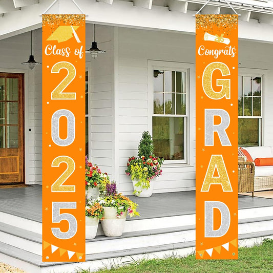Graduation Decorations 2025 GRAD Banner Orange Porch Door Sign Welcome Banner For Indoor Outdoor