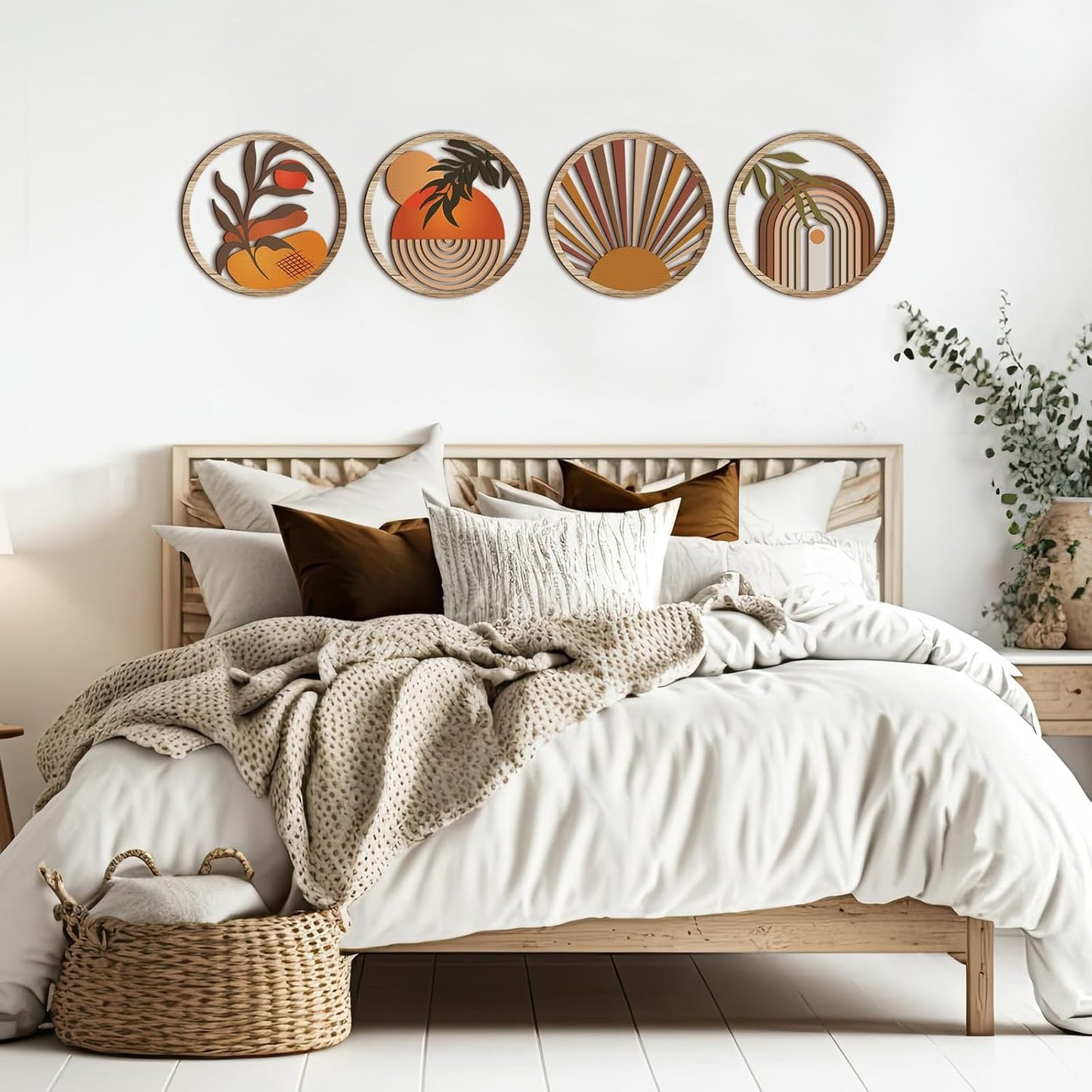 Qunclay 4 Pieces Boho Wall Art Wooden Bohemian Wall Decor Hanging Art Nursery Decor Farmhouse