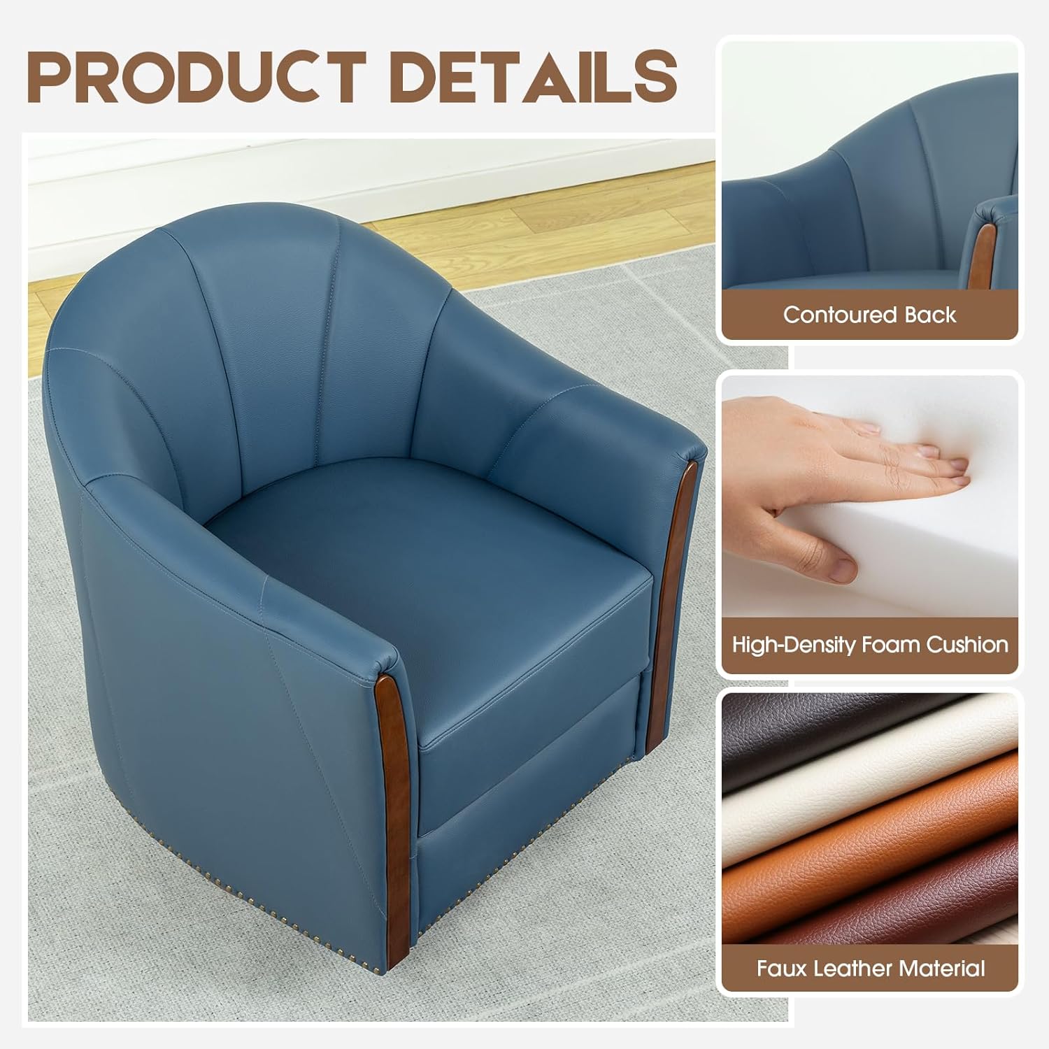 360° Swivel Accent Chair, Modern Leather Barrel Club Chair with Leather Upholstery and Sturdy Wood