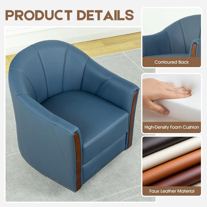 360° Swivel Accent Chair, Modern Leather Barrel Club Chair with Leather Upholstery and Sturdy Wood
