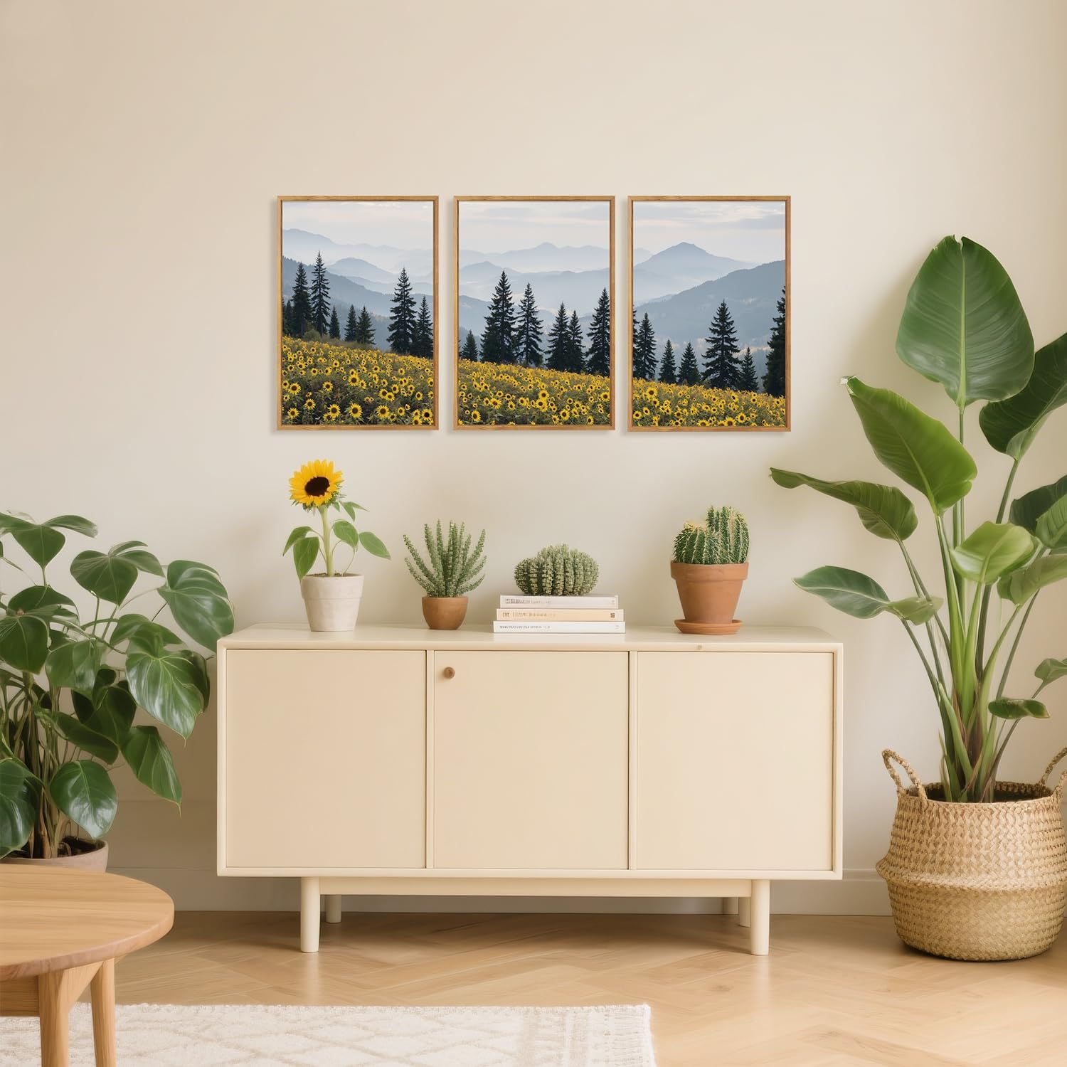 HPINUB Boho Sunflowers Landscape Framed Canvas Wall Art Set,Nature Pine Tree Wall Decor,Abstract