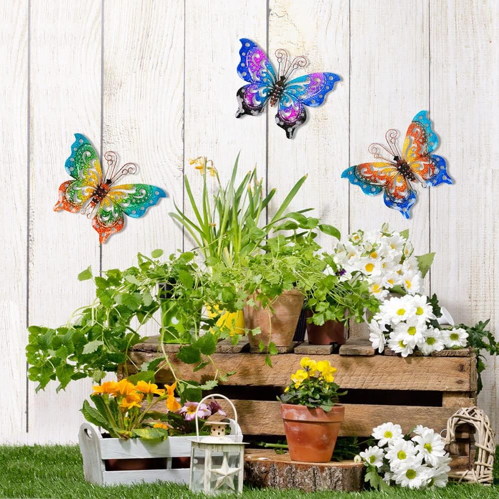 3 Pack Metal Butterfly Wall Decor, Colorful Metal Butterfly Outdoor Wall Art, Hand-Made Outdoor