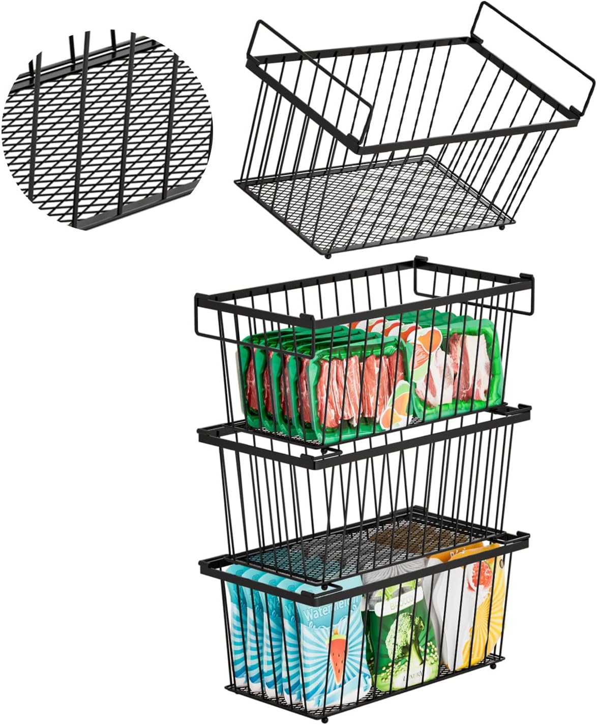Freezer Organizer Bins，Upgraded Bottom Leak-Proof net，4 Pack，Encryption and Hardening ，Deep Freezer