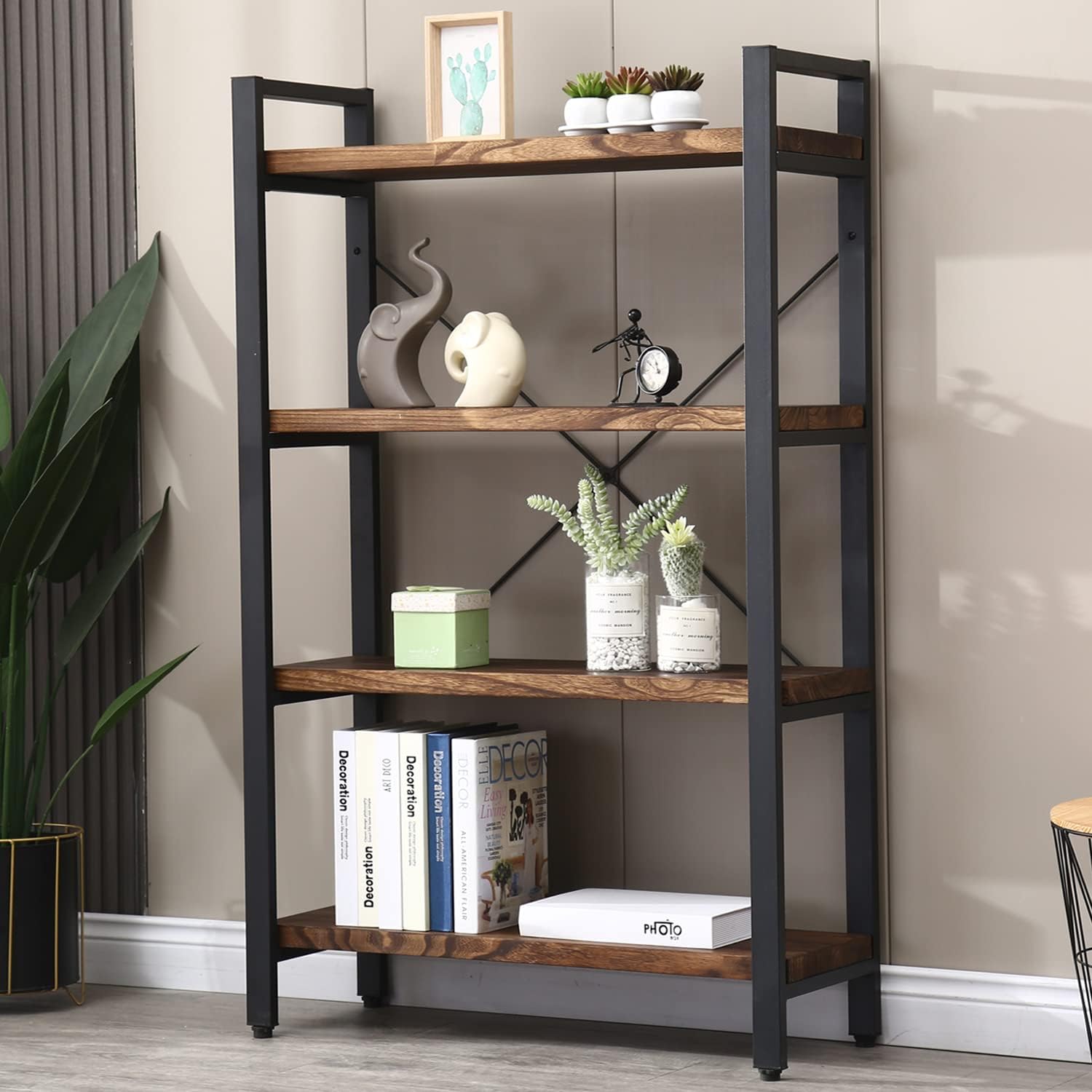 Solid Wood Bookshelf, 4-Tier Rustic Vintage Industrial Etagere Bookcase, Open Metal & Wood Vintage