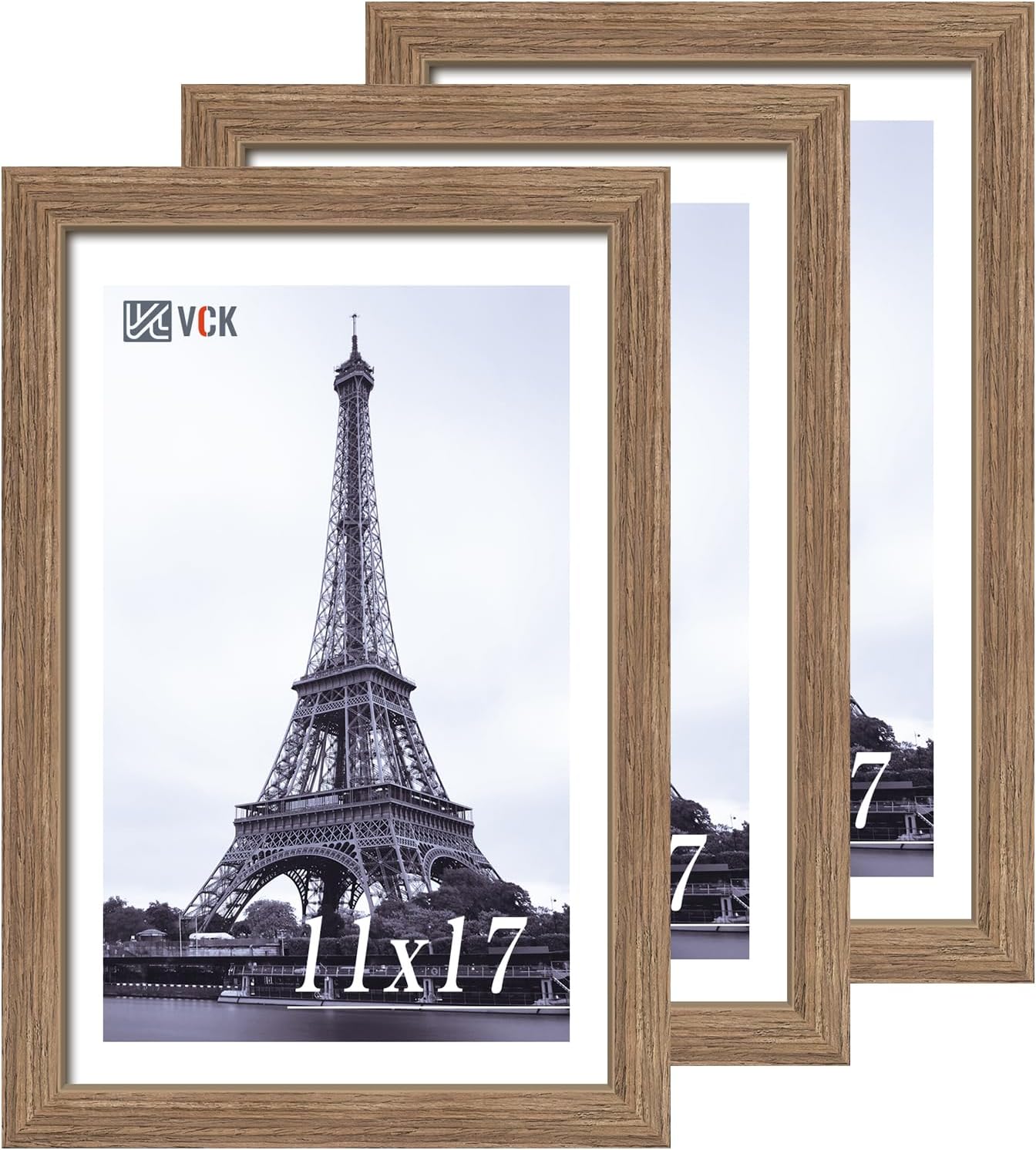 VCK 11x17 Picture Frame Set of 3 - Brown Walnut, Natural Textured Solid Wood Picture Poster Frame