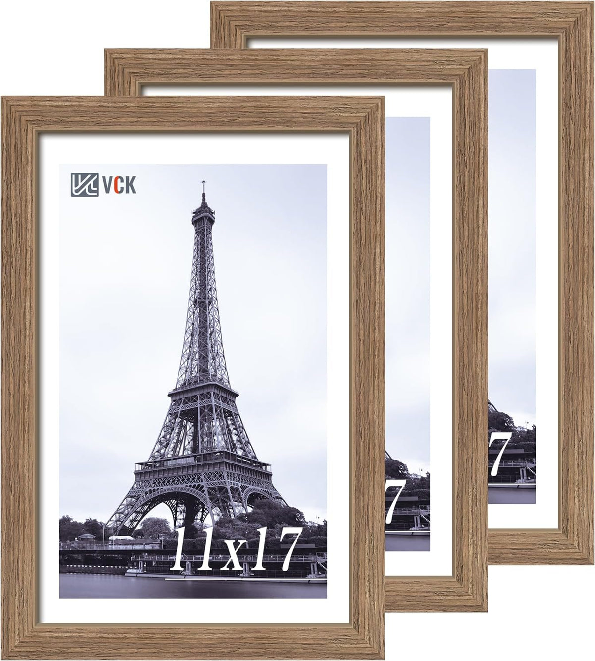 VCK 11x17 Picture Frame Set of 3 - Brown Walnut, Natural Textured Solid Wood Picture Poster Frame