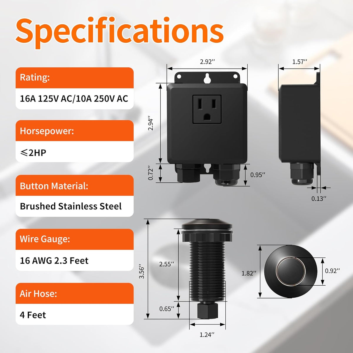 Joinfworld Garbage Disposal Air Switch Kit Waterproof Garbage Disposal Button Kit with Long Garbage