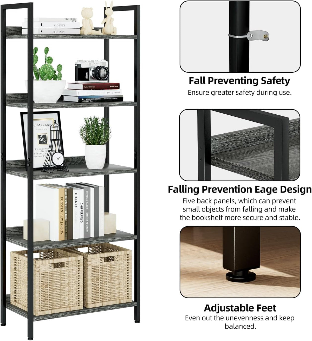 NUMENN Bookshelf, 5 Tier Bookshelves, Home Office Bookcase Shelf Storage Organizer, Free Standing