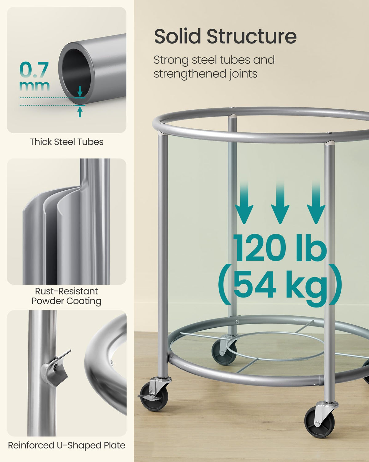 SONGMICS Laundry Basket, Rolling Steel Frame with 2 Locking Wheels, 240 L
