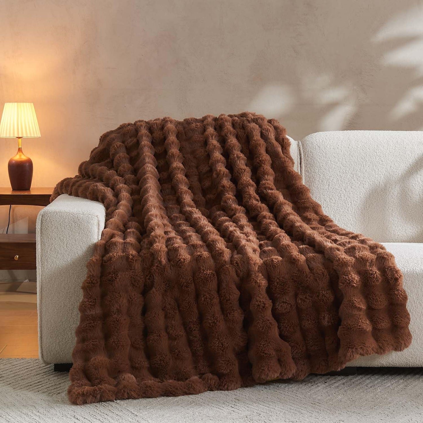 Lotus Karen Faux Fur Throw Blanket Dark Coffee - Big Bubble Rabbit Fluff Blanket for Couch Bed