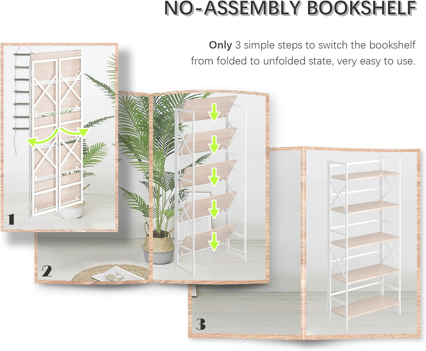 4NM 5 Tiers No Assembly Book Shelves, 51.2" H Folding Bookshelf Bookcase Open Industrial Foldable