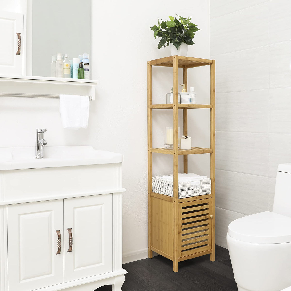 SONGMICS Bamboo Bathroom Storage Floor Cabinet, 4 Tiers Multifunctional Floor Shelving Unit, Free