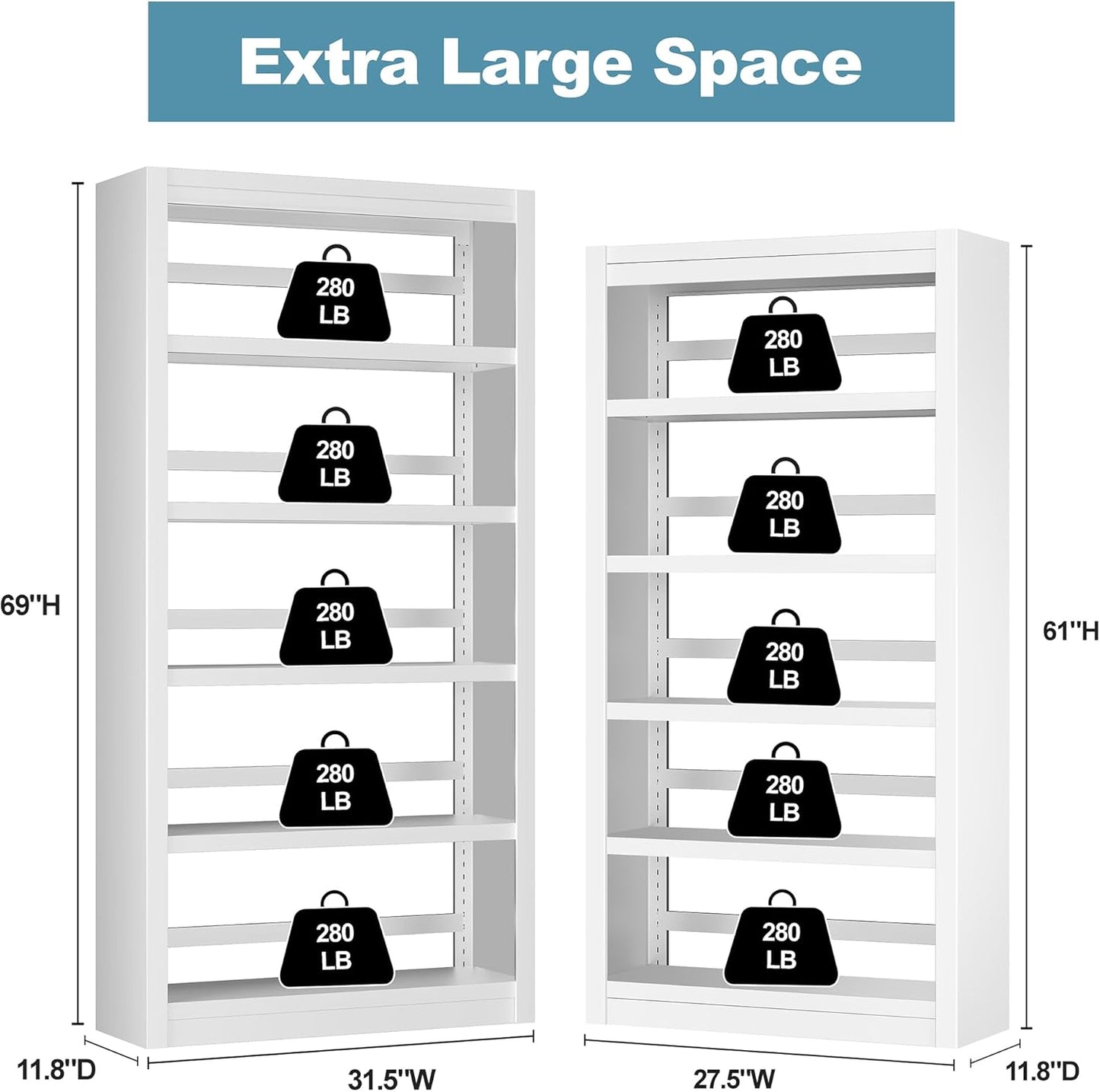 Bookcase, 5-Shelf Industrial Bookshelf, Large Storage Space, Adjustable Bookshelves, Perfect for