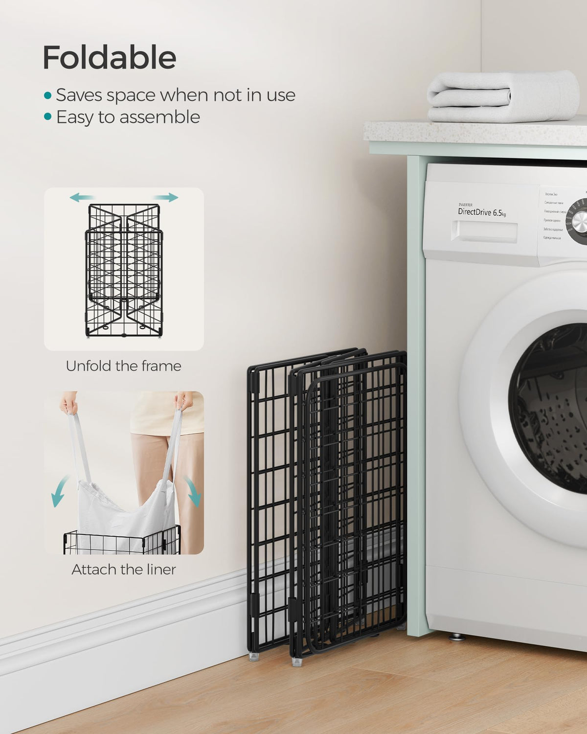 SONGMICS Laundry Hamper, 11 Gal. (50L) Laundry Basket, Collapsible Clothes Hamper, Removable and
