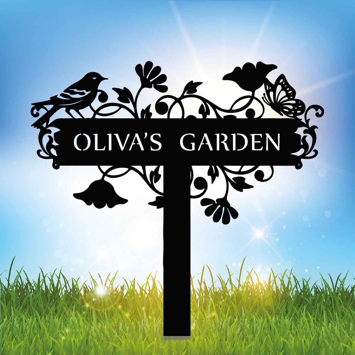 Customized Metal Birds and Flowers, Personalized Garden Sign with Stake, Gardening Decor for
