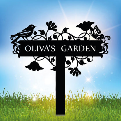 Customized Metal Birds and Flowers, Personalized Garden Sign with Stake, Gardening Decor for