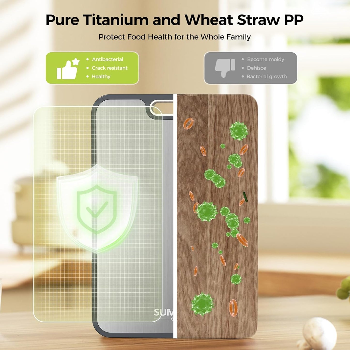 Titanium Cutting Board for Kitchen, Cutting Board Double Sided Food Grade, Pure Titanium and Wheat