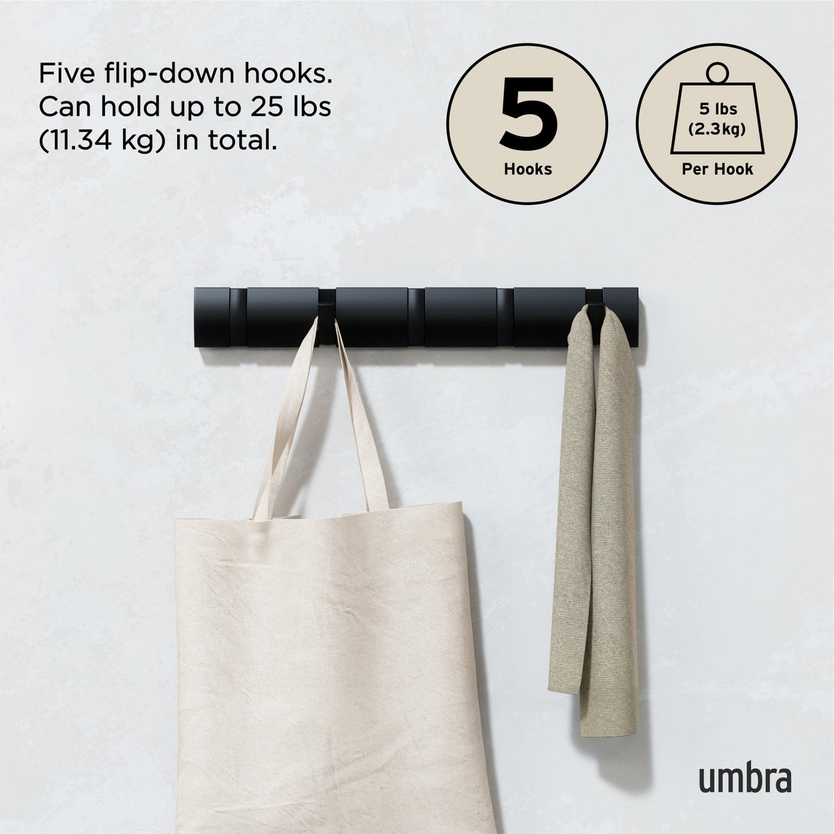 Umbra Flip Coat Rack, Wall Mounted 5-Hook Space Saving, Black/Black