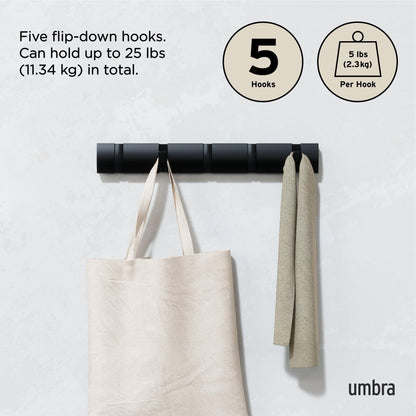 Umbra Flip Coat Rack, Wall Mounted 5-Hook Space Saving, Black/Black