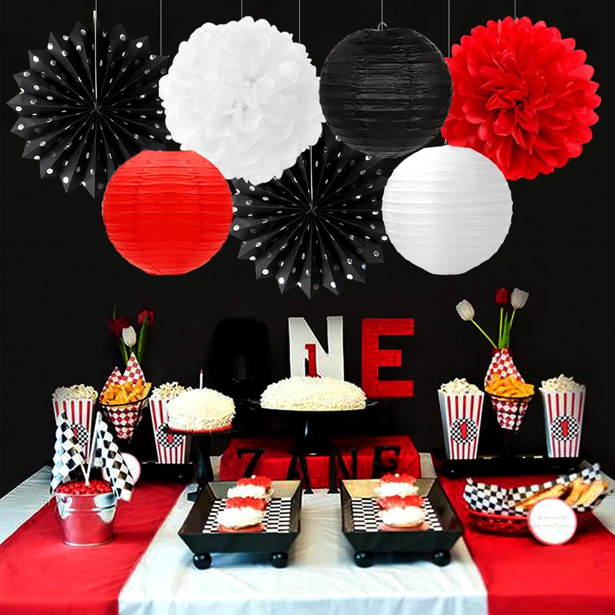 Black White-Red Party-Decorations Streamers Lanterns - 14pcs Birthday Graduation 2025 Paper