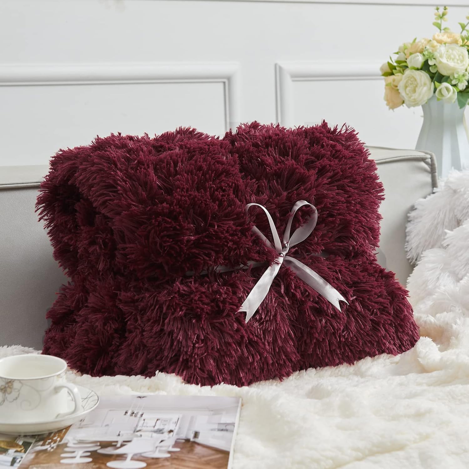 GONAAP Fuzzy Faux Fur Throw Blanket Twin Size Wine Red Super Soft Cozy Plush Fuzzy Shaggy Blanket