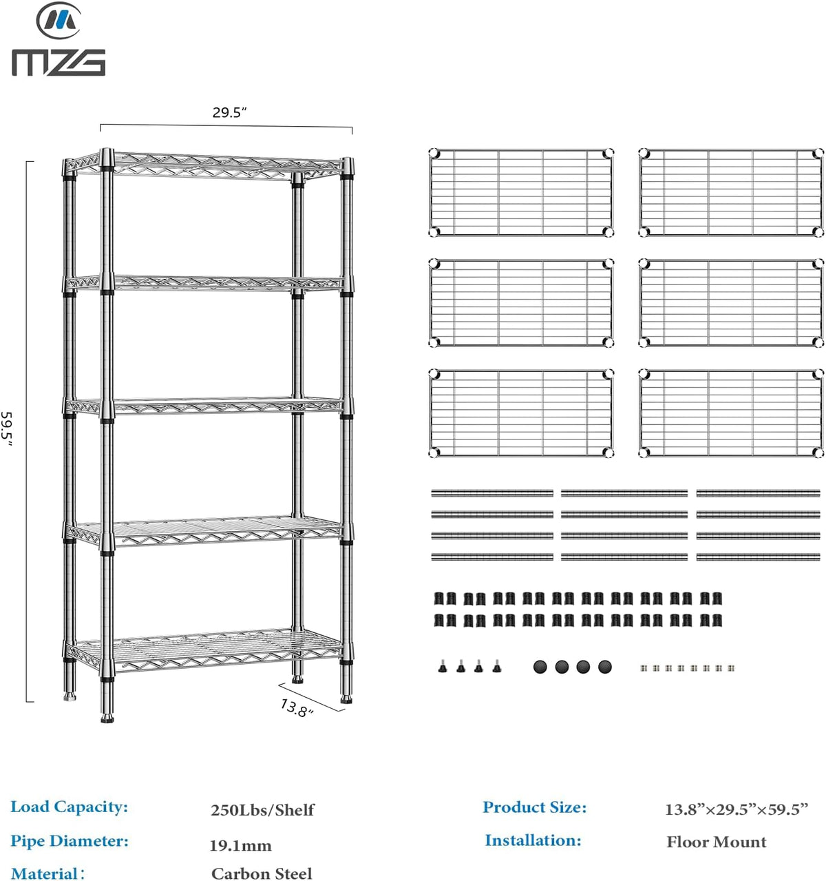 1250 lbs 5 Tier Shelf Metal Storage Shelves Shelving Wire Rack Heavy Duty Closet Organizers for