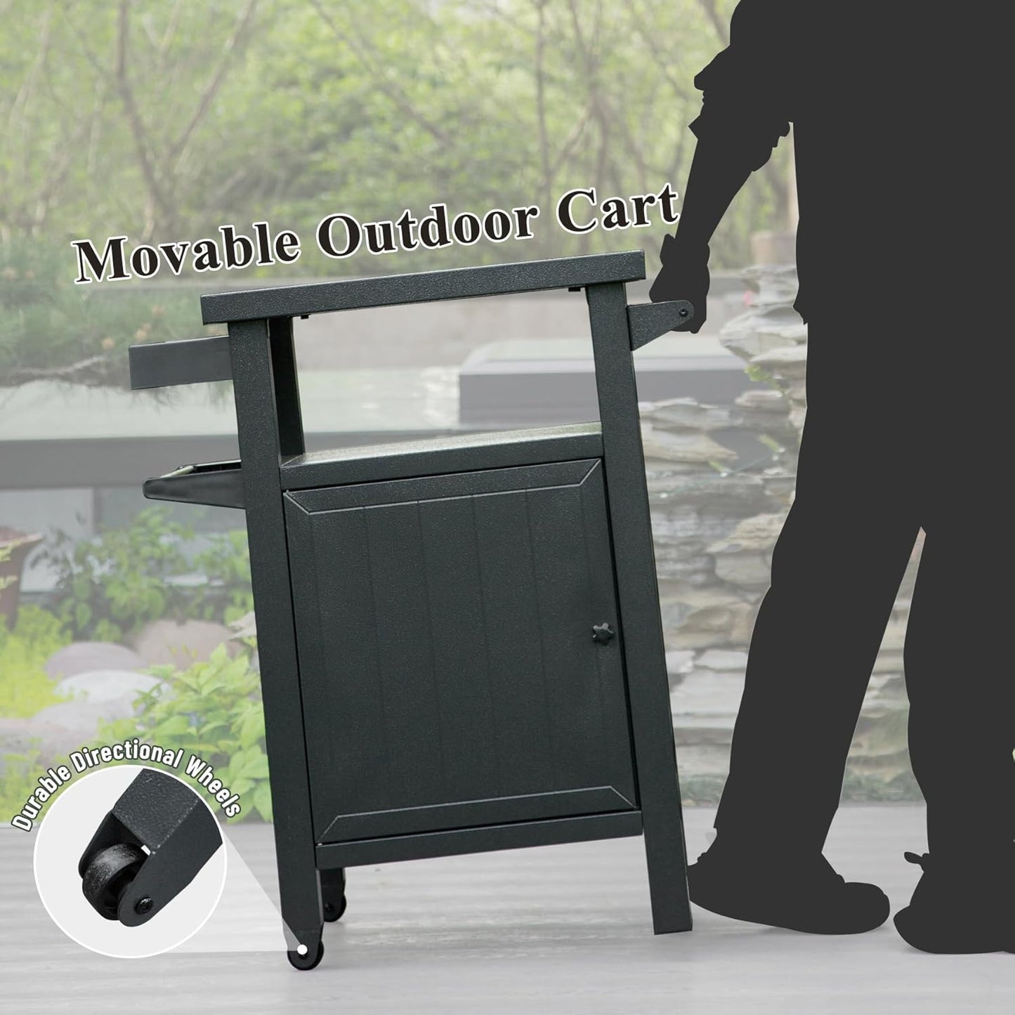 Domi Grill Carts Outdoor with Storage and Wheels, Whole Metal Portable Table and Storage Cabinet