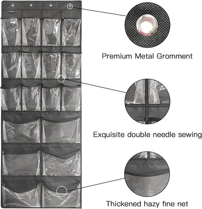 Extra Large Hanging Over Door Shoe Organizer, Closet Shoe Rack - 12+6 Crystal Pockets, 4 Hooks