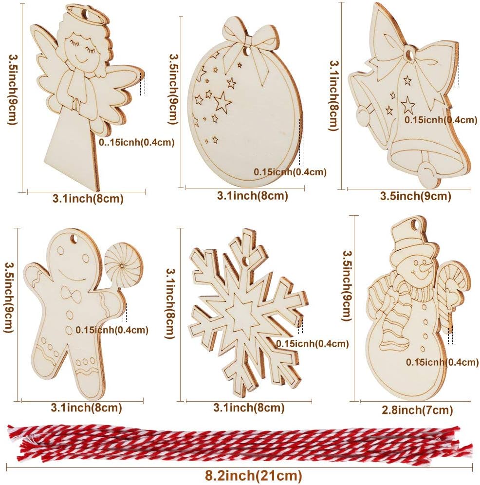 48PCS Christmas Crafts for Kids, Wooden Christmas Ornaments Unfinished Wood Slices with 6 Styles