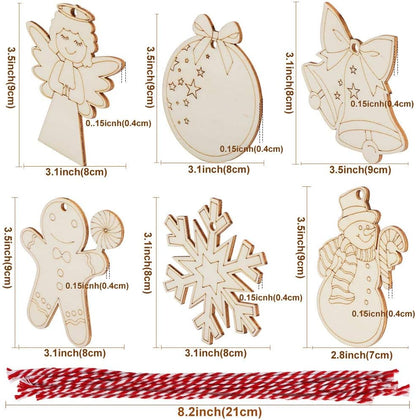 48PCS Christmas Crafts for Kids, Wooden Christmas Ornaments Unfinished Wood Slices with 6 Styles