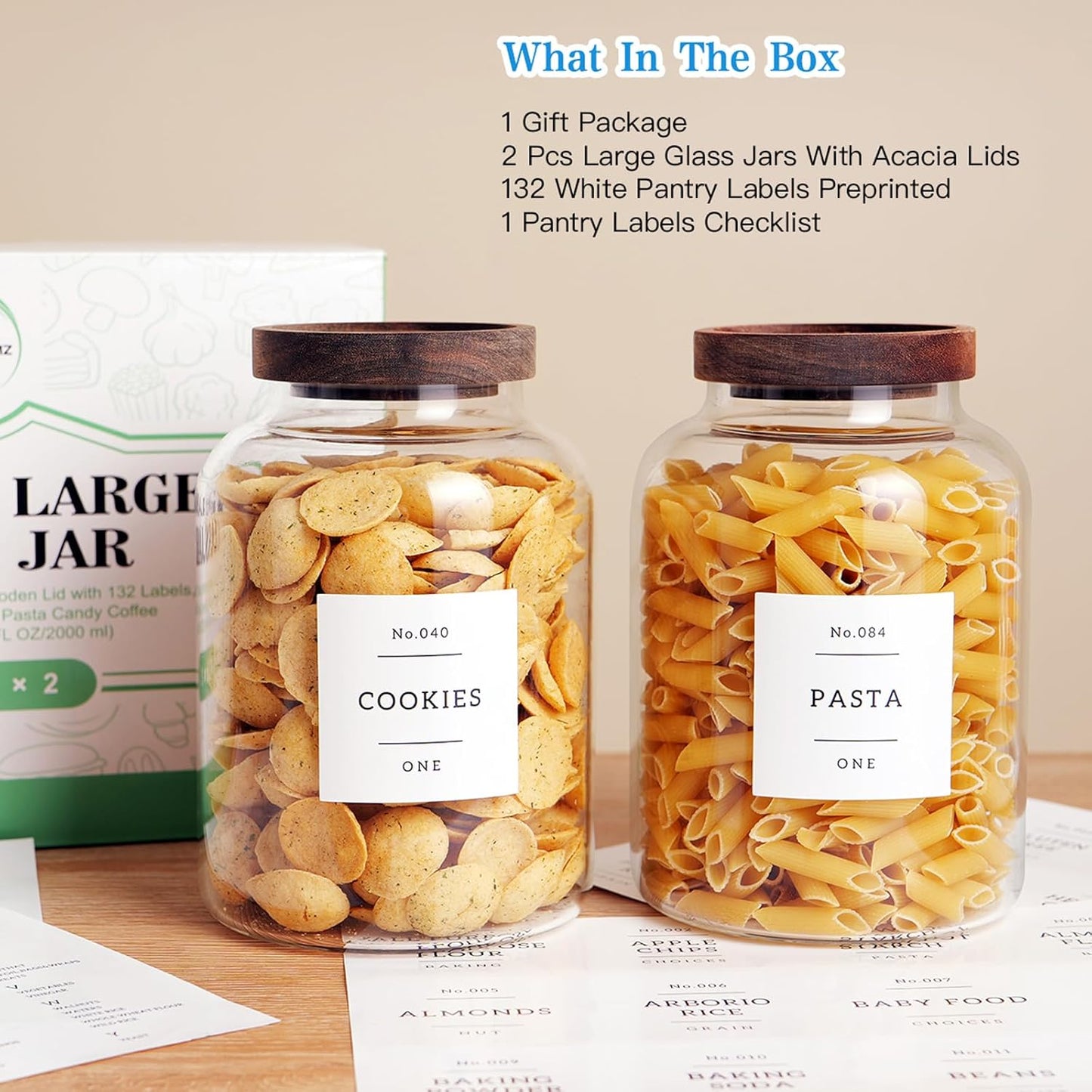Set Of 2 Large Glass Jar with Wooden Lid with 132 Labels, Glass Storage Jars for Flour Pasta Candy