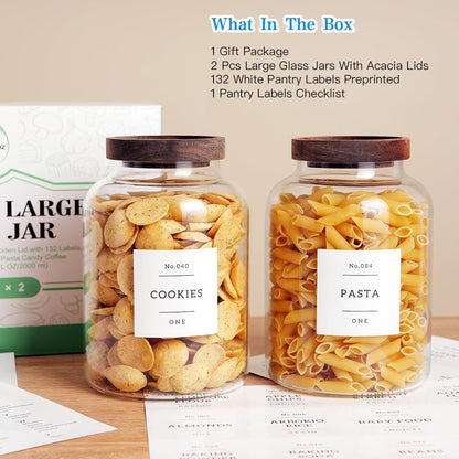 Set Of 2 Large Glass Jar with Wooden Lid with 132 Labels, Glass Storage Jars for Flour Pasta Candy
