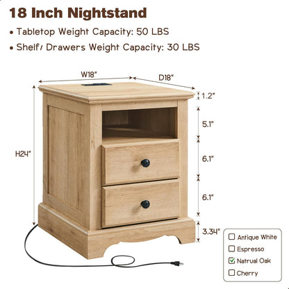 T4TREAM Nightstand with Charging Station, 18 Inch Vintage End Table with 2 Drawers, Wood Rustic