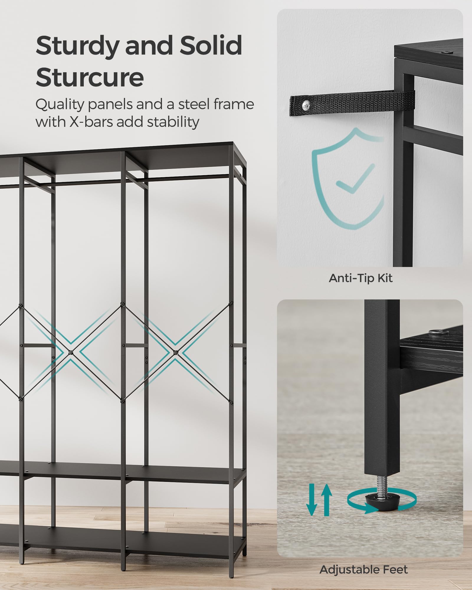 SONGMICS Clothes Rack, Iron and Wood Wardrobe Closet Organizer