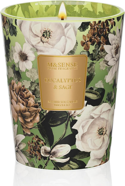 M&SENSE Eucalyptus Sage Scented Candle, 14.1oz 60H Burn Time Slow Burning, Natural Soy Candles