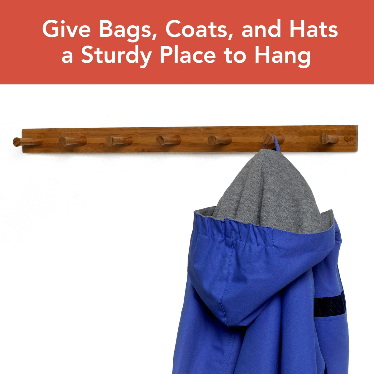 Spectrum 7 Peg Wall Mount Peg Rack Wooden Storage Organizer for Coats Hats Purses Towels, Includes